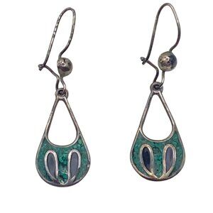 Taxco Mexico Sterling Silver Teardrop Earrings Crushed Stone Inlay TC97 LOOK